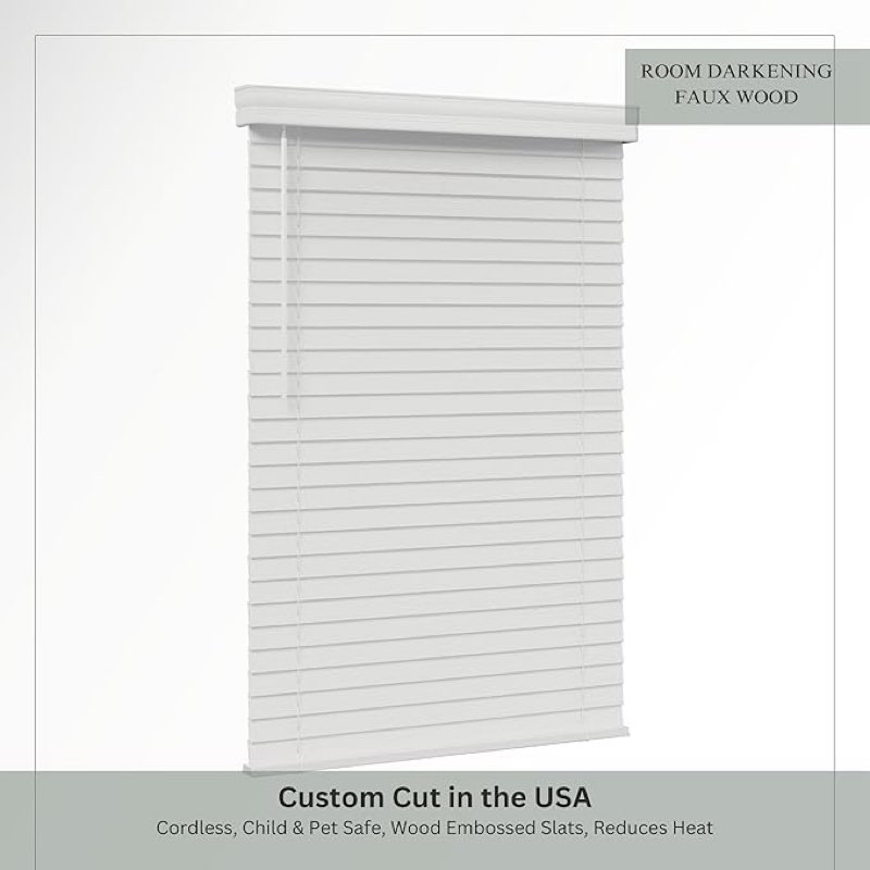  2 Inch Cordless Faux Wood Blind - 18" W x 48" L - White, Thick Wood Textured Slats, Over 1,000 Custom Sizes Starting at 19.97, Classic Valance, Room Darkening Shades for Interior Windows by Lumino