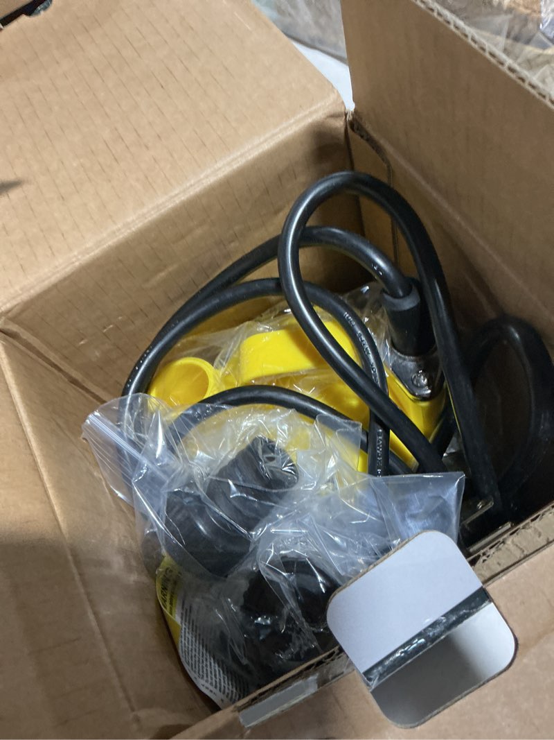 Condition photo showing As Is for submersible water pump 1/4 hp 1600gph thermoplastic utility pump electric portable transfer water pump with 10-foot cord for pool tub garden pond draining