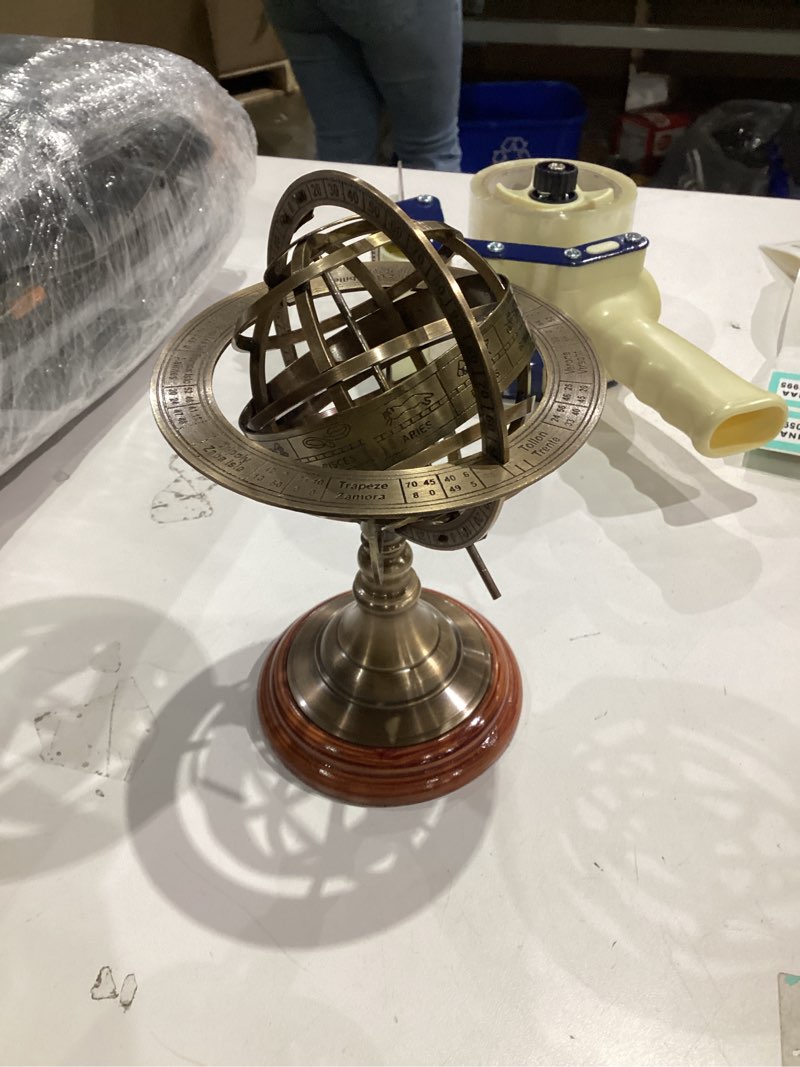 Condition photo showing As Is for Antique Vintage Zodiac Armillary Decorative Globe with Wooden Base - 8 Inch Brass Sphere World Globe Zodiac Engraved Celestial, Antique Ship Decor