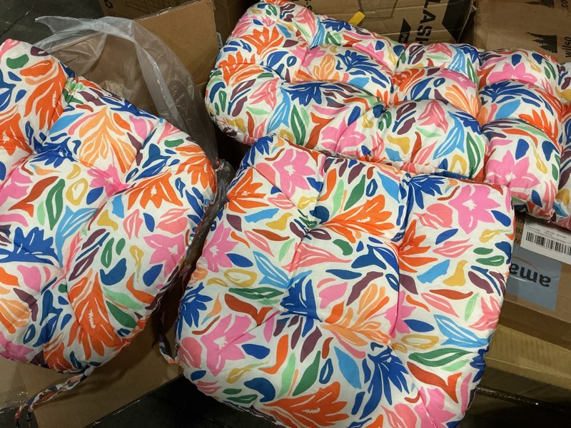 Condition photo showing Good Condition for 1 middle one wicker chair cushions 3 pieces set for outdoor furniture, replacement patio wicker furniture cushions, 1pc loveseat cushion & 2pcs chair cushions (colorful leaves)