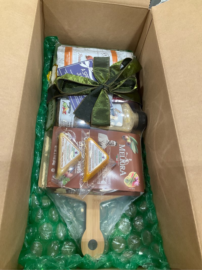 Condition photo showing As Is for wine country gift baskets gourmet salami and cheese with bamboo cutting board for family, friends, corporate, get well, sympathy care, teacher and more