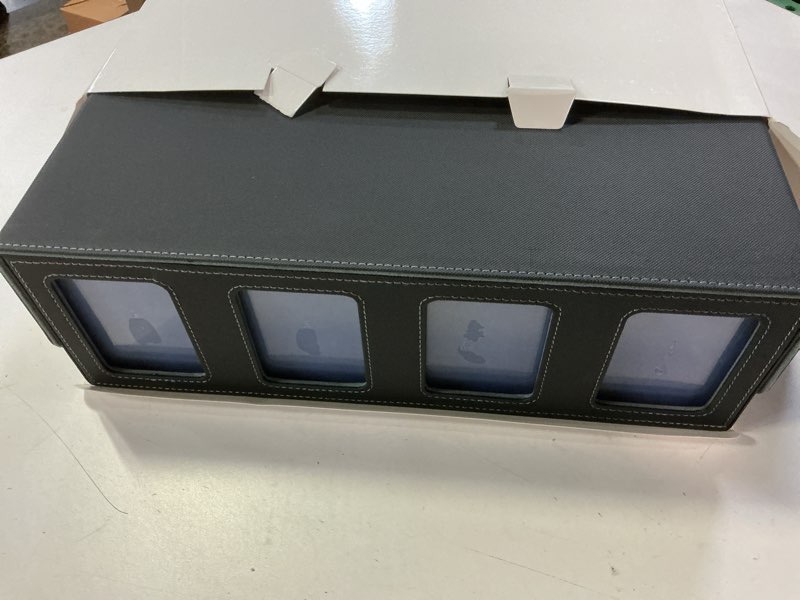 Condition photo showing New/Like New for card storage box with commander display 4-row deck case with removable lid 2400+ card deck box for mtg tcg sports card, 4 toploaders, 4 stoppers, 24 dividers grey 4-row