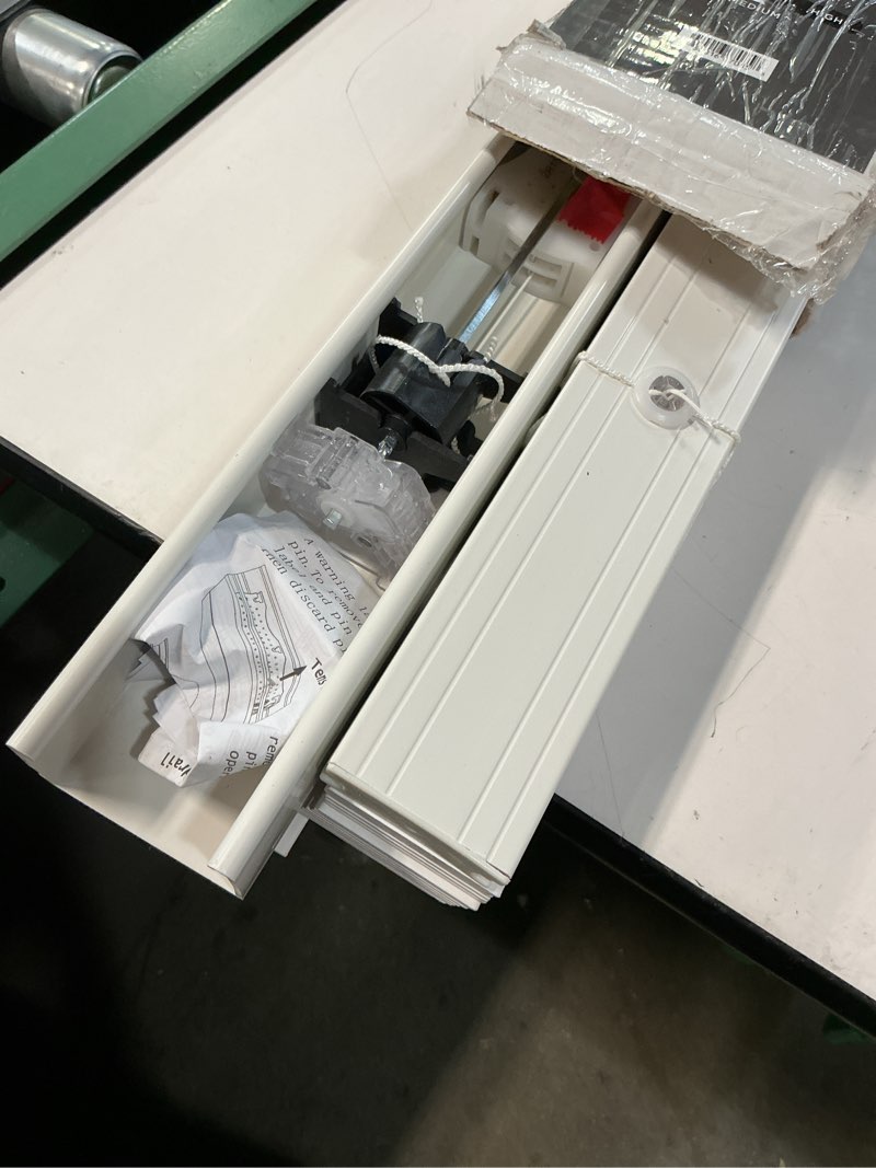 Condition photo showing As Is for better homes & gardens 2  cordless faux wood horizontal blinds  white  32  w x 48  l