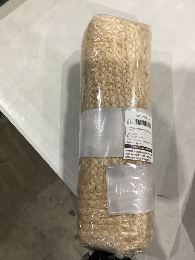 Condition photo showing New/Like New for Hausattire Jute Braided Placemats 14x14 Inches Set of 4 Reversible Handwoven Boho Vintage Easter Placemats for Kitchen Dining Tables|BBQ's Farmhouse Decor Indoor & Outdoor Parties|Natural 14x14 Inches Natural Braided