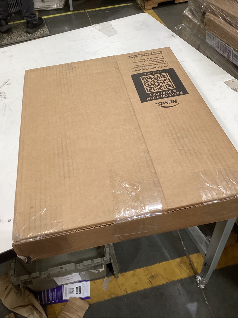 Condition photo showing New/Like New for mayfair bennett toilet seat with chrome hinges, slow close wood seat, secure metal hinges, easy install, made in usa, round, white round chrome