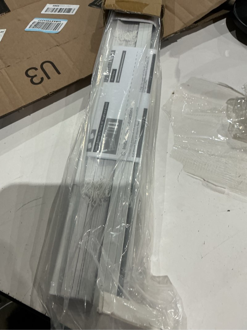 Condition photo showing As Is for 1" cordless mini blinds 33" w x 64" h, white vinyl blinds, horizontal light filtering blinds, window blinds for indoor windows, office, kitchen, bathroom and living room. 33"w x 64"h
