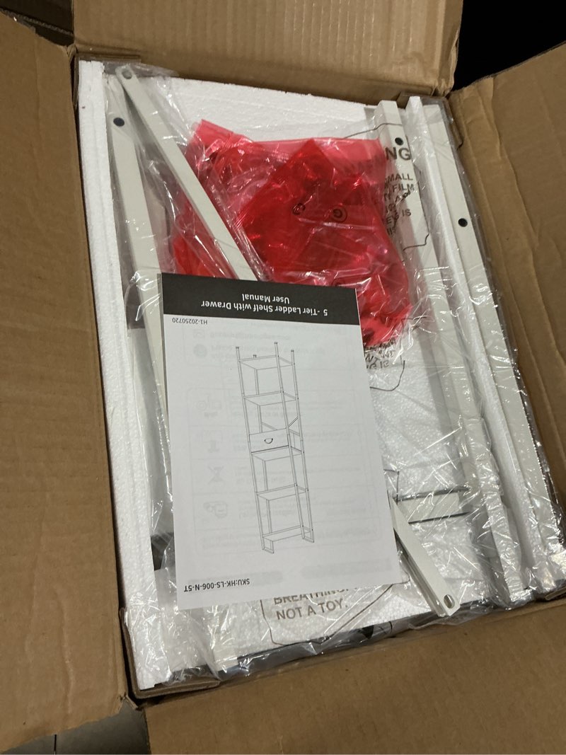 Condition photo showing Good Condition for Furologee 5 Tier Bookshelf, Ladder Shelf with Drawer, Tall and Narrow Bookcase, Storage Shelves Organizer,Industrial Display Standing Units for Bathroom,Kitchen,Bedroom,Living Room,White White 5-Tier