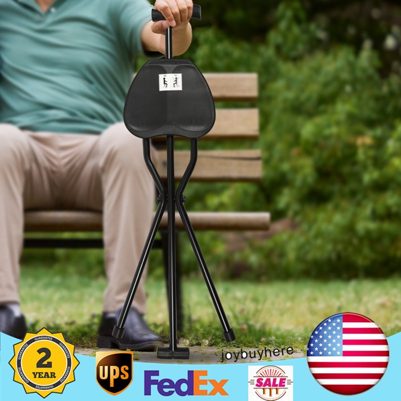 Folding Walking Cane with Tripod Chair Seat Stool Heavy Duty Portable