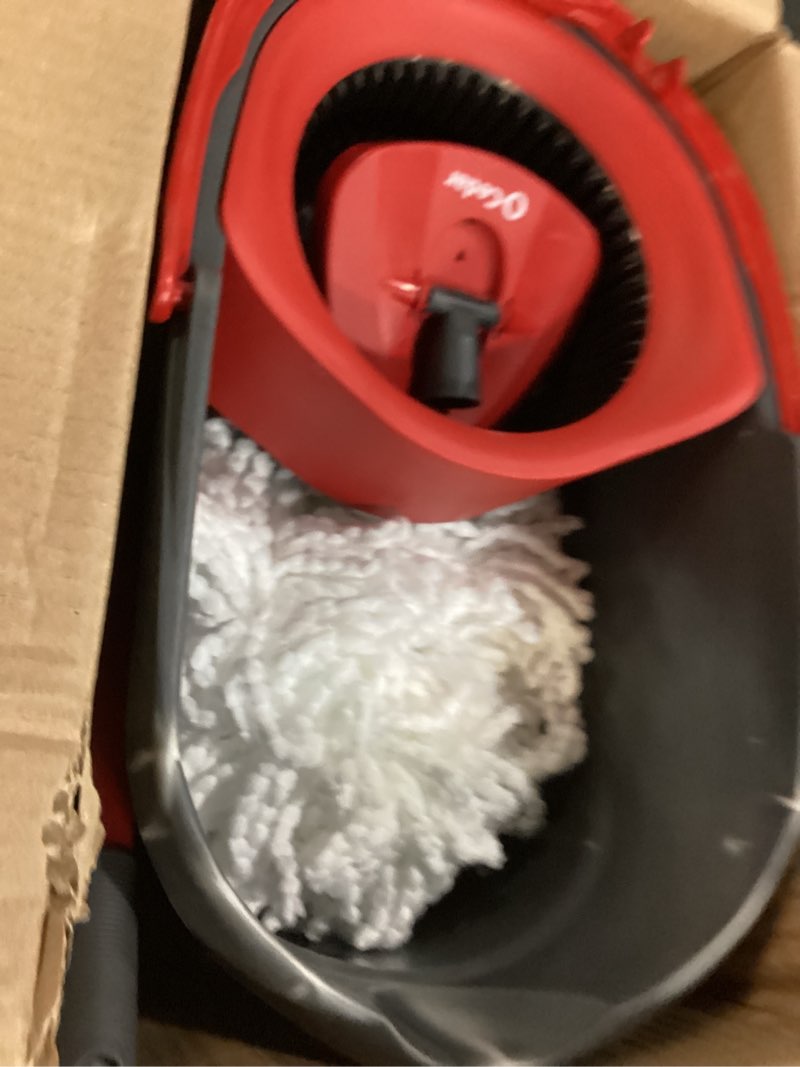 Condition photo showing As Is for o-cedar easywring microfiber spin mop & bucket floor cleaning system + 2 extra refills, red/gray spin mop & bucket with 2 extra refills