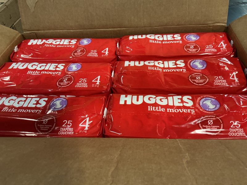 Condition photo showing New/Like New for (( size 4 ))huggies diapers, little movers baby diapers, (22-37 lbs), 150 count (6 packs of 25), packaging may vary