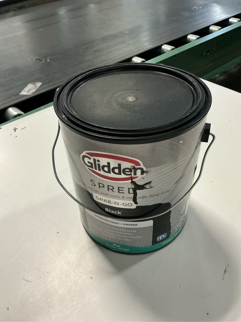 Condition photo showing As Is for glidden spred interior paint matte black with grab-n-go primer, 1 gallon