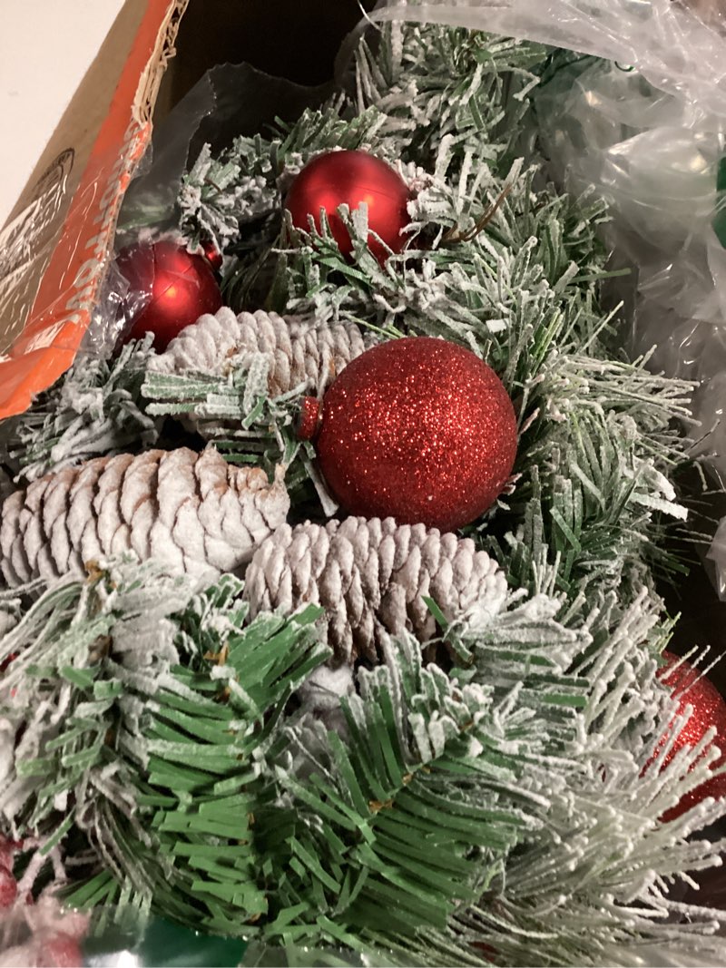 Condition photo showing As Is for Flocked Christmas Tree 30 inch Prelit 2 Set Pathway Porch Christmas Trees Pre-Light LED Battery Operated Outdoor Xmas Decor for Entrance Driveway, Yard, Garden, Red Berries, Pine Cones Snow Red 30 Inch