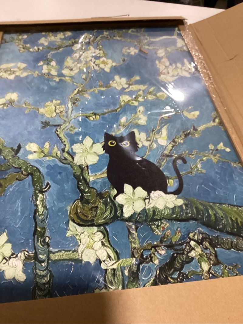 Condition photo showing As Is for fantasy artists van gogh's almond blossom funny black cat canvas wall art, oil painting posters home decor, vintage abstract aesthetic wall decorations for living room bedroom, 16'' x 24'' 24"l x 16"w almond blossom cat