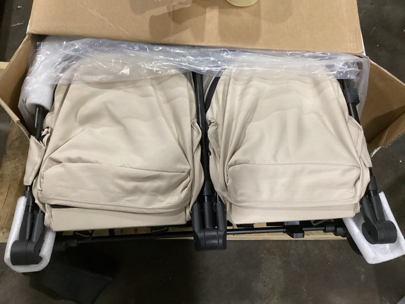 Condition photo showing New/Like New for mompush lithe double stroller, lightweight side by side stroller for newborn and toddler, easy fold, spacious seats with recline, upf50+ canopy khaki