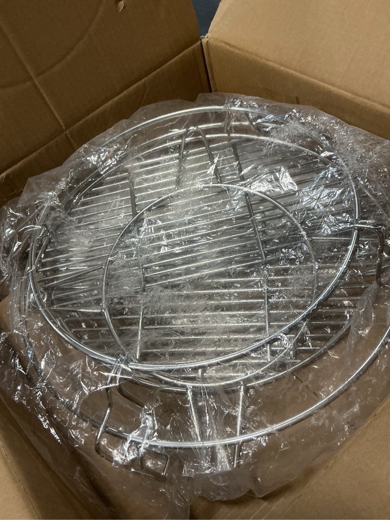 Condition photo showing As Is for 6 piece cooking grate replacement kit for kamado joe classic, removable grill cooking system expander rack parts, kj-hcg grate*2, kj-hdp half-moon ceramic heat deflector plate*2, kj-fcr kj-fcr rack