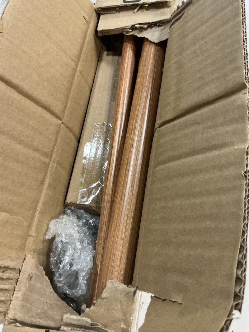 Condition photo showing New/Like New for double wood curtain rods 36-72 inch(3-6ft), heavy duty 1 inch front and 5/8 inch diameter back double window treatment rod, boho drapery rods with imitation light brown wood grain finials light wood grain 36-72"