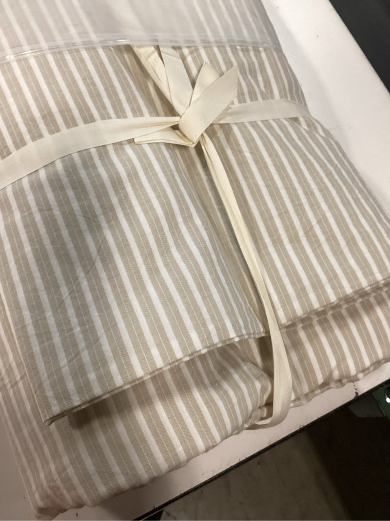Condition photo showing New/Like New for jiyuan 100% washed cotton pinstripe duvet cover set super queen size 90"x98", linen-like soft breathable durable bedding set with zipper closure, all season, beige/white pinstripe - beige / white (no comforter) super queen(90"x98")