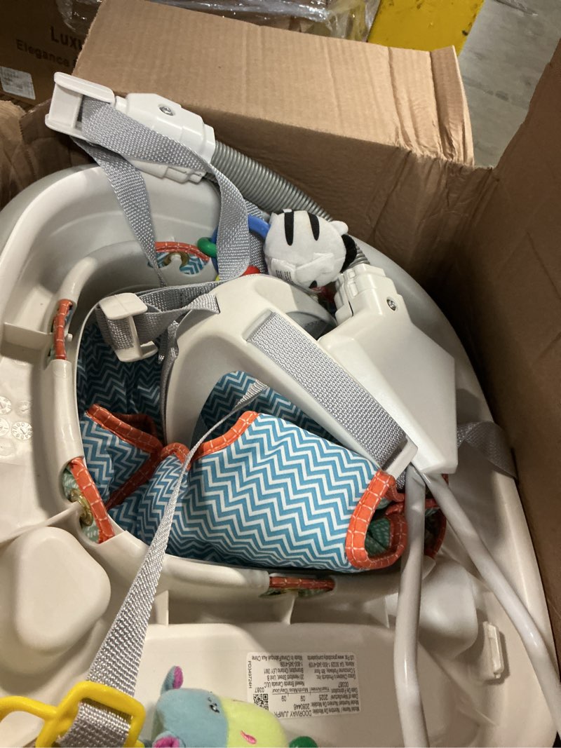 Condition photo showing As Is for graco bumper doorway jumper for baby, bounce seat with machine washable pad, adjustable height baby jumper, play tray for toys, caravan