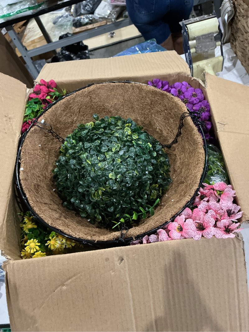 Condition photo showing New/Like New for artificial hanging flowers for outdoors, fake hanging plants with 12" baskets, 12 pcs uv resistant artificial hanging flowers for decoration outdoors garden patio porch yard spring summer decor mixed colors 12 bundles