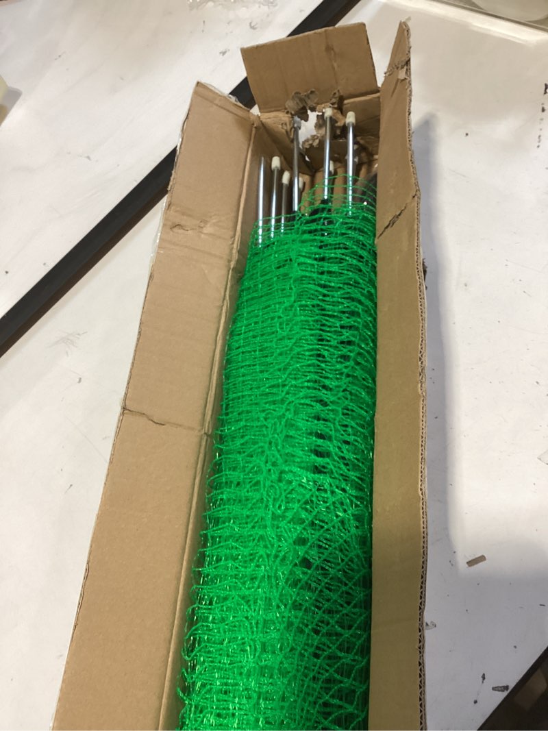 Condition photo showing New/Like New for temporary fencing, 3' x 50' portable dog fence with 10 step-in posts, ground stakes & wind ropes, plastic mesh snow safety barrier for garden, backyard, yard & outdoor animal protection (green)