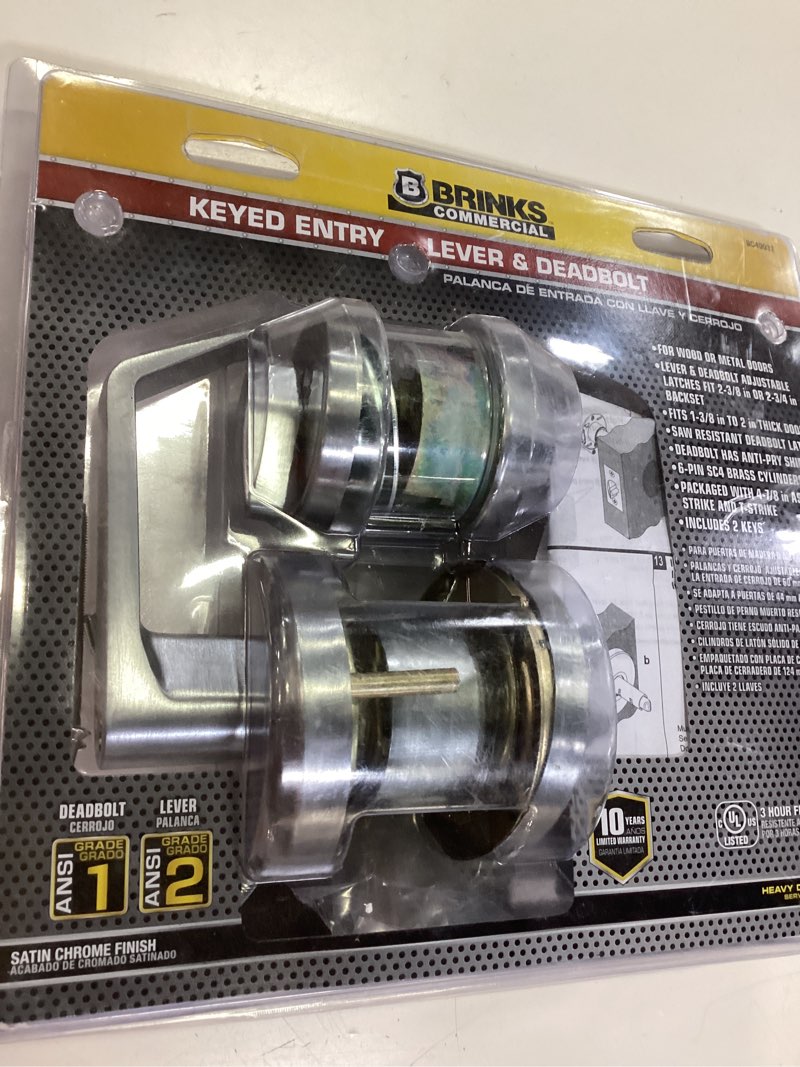 Condition photo showing Good Condition for brinks commercial heavy duty commercial lever satin chrome single deadbolt exterior keyed entry door handle with combo pack (2-pack)