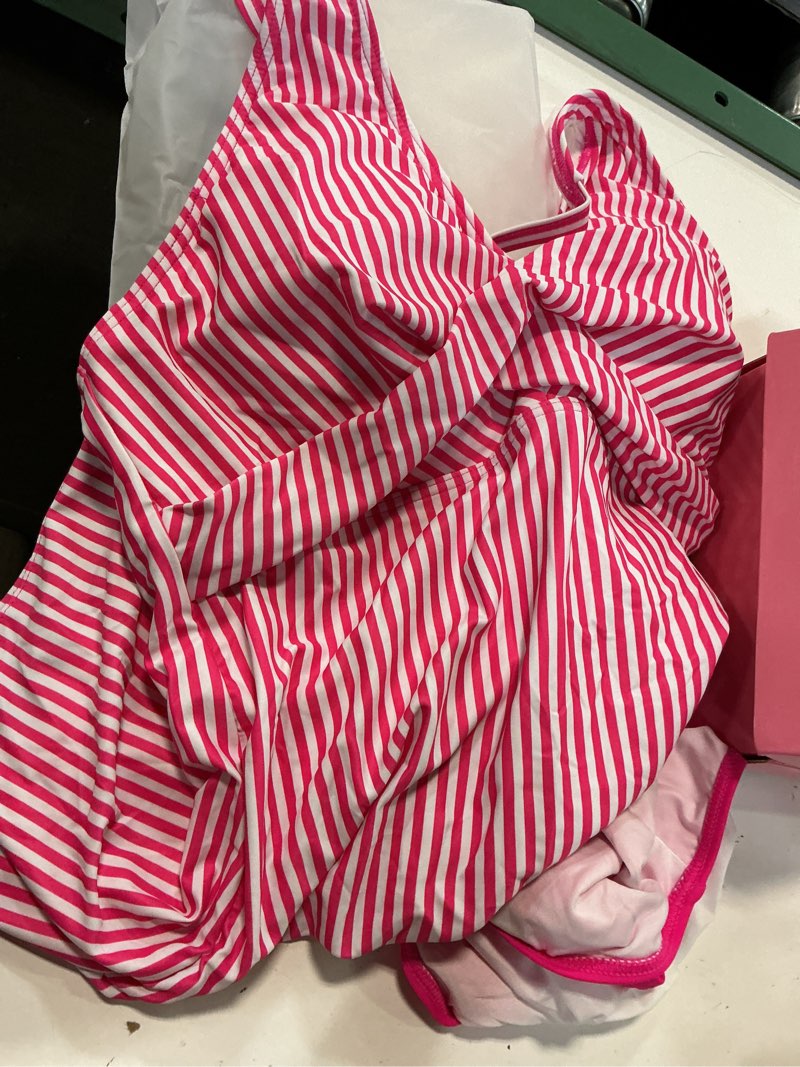 Condition photo showing Good Condition for yonique tankini swimsuits for women tummy control bathing suits two piece tankini tops with bikini bottoms twist swimwear large pink white striped