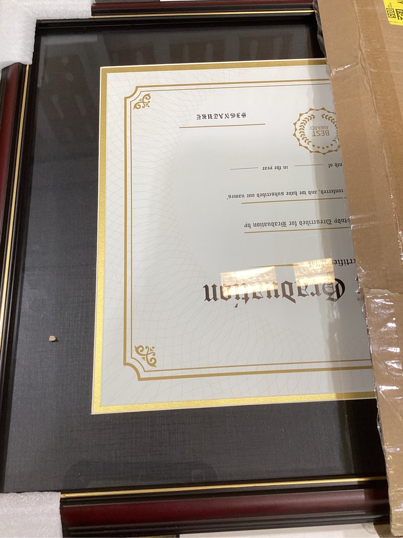 Condition photo showing Good Condition for doai art 8.5x11 diploma frame classic mahogany color display 8.5x11-inch with black over gold mat or 11x14 document &certificate without mat,wide molding, gold beads hanging hardware included a black mat 1