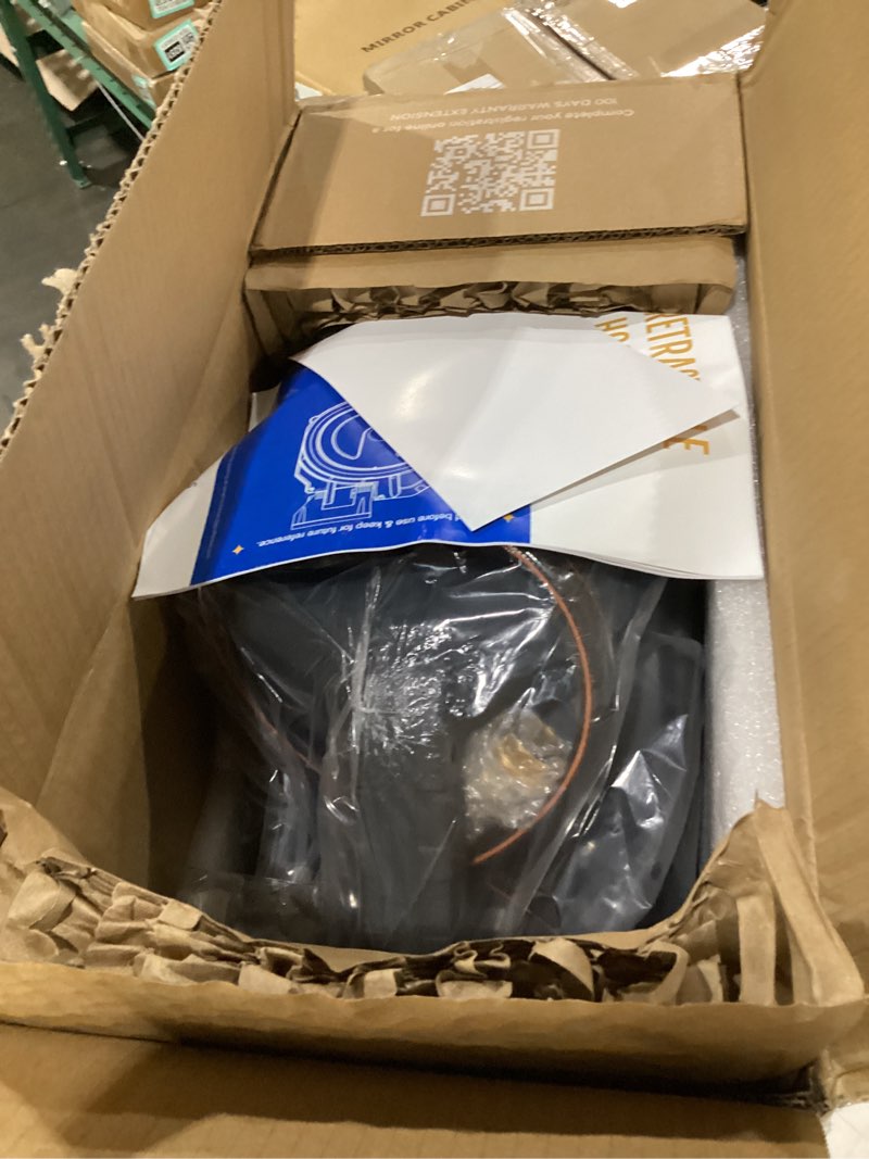 Condition photo showing New/Like New for giraffe tools retractable garden hose reel 1/2 inch x 100 ft, super heavy duty, any length lock, slow return system, wall mounted and 180 deg swivel metal bracket 1/2 100ft dark grey