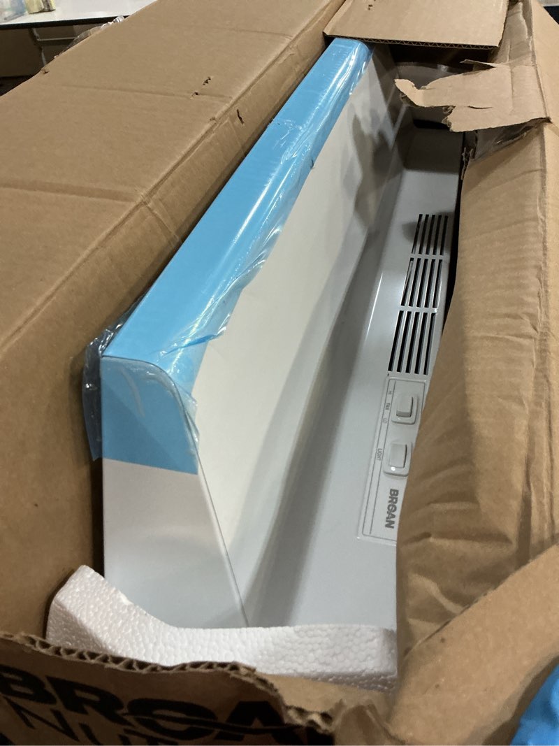 Condition photo showing New/Like New for broan-nutone f403011 insert with light, exhaust fan for under cabinet two-speed four-way convertible range hood, 30-inch, white on white 30-inch white on white