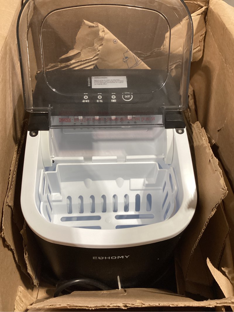 Condition photo showing Good Condition for euhomy countertop ice maker machine with handle, 26lbs in 24hrs, 9 ice cubes ready in 6 mins, auto-cleaning portable ice maker with basket and scoop, for home/kitchen/camping/rv. (black)