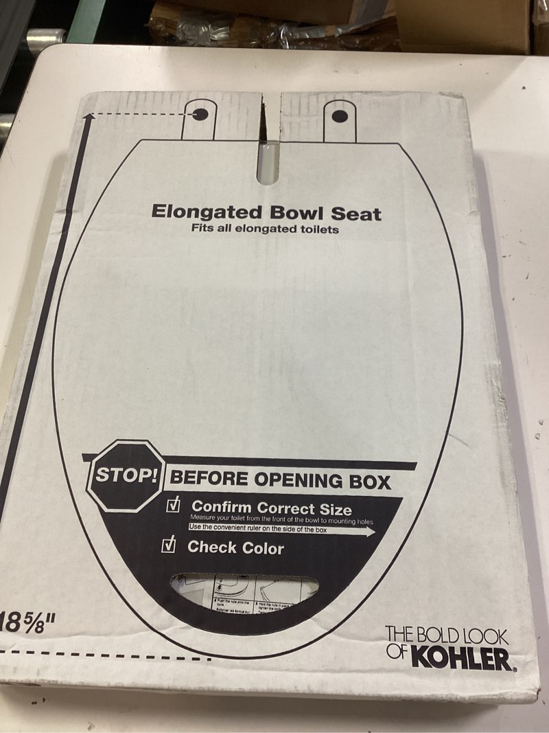 Condition photo showing New/Like New for kohler k-20110-0 brevia elongated toilet seat with grip-tight bumpers, quiet-close seat, quick-attach hardware, white