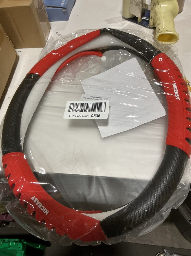 Condition photo showing New/Like New for sport style black carbon-fiber steering wheel cover with red strip grip steering wheel accessory,universal fit 14.75-15 inch steering wheel red grip black carbon fiber