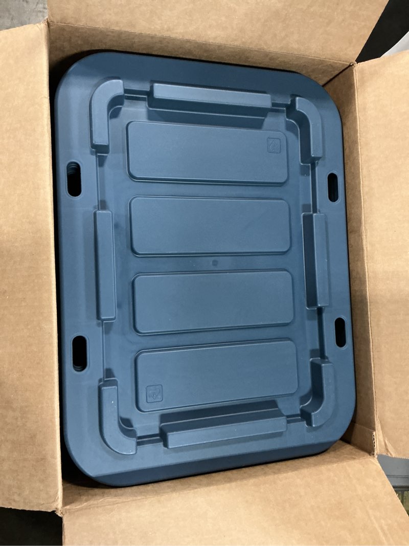 Condition photo showing As Is for IRIS USA 12 Gallon Eco-Friendly Heavy Duty Truck Bed Toolbox Storage Tote Bins with Lids, 4 Pack - Made in USA, Tough Snap On Lockable Lid Stackable Industrial Rugged Tubs, Garage Organization - Navy Navy 12 Gal - 4 Pack