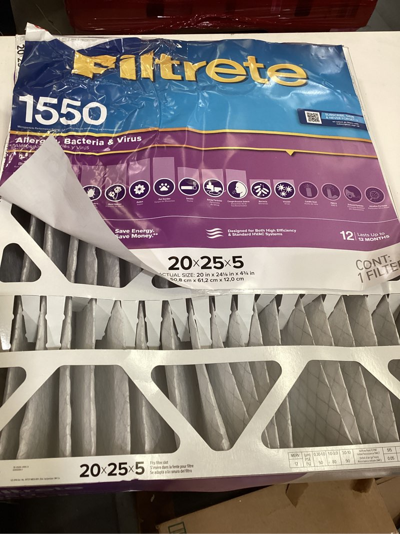 Condition photo showing As Is for filtrete 20-in w x 25-in l x 5-in merv 12 1550 mpr allergen, bacteria and virus electrostatic pleated air filter
