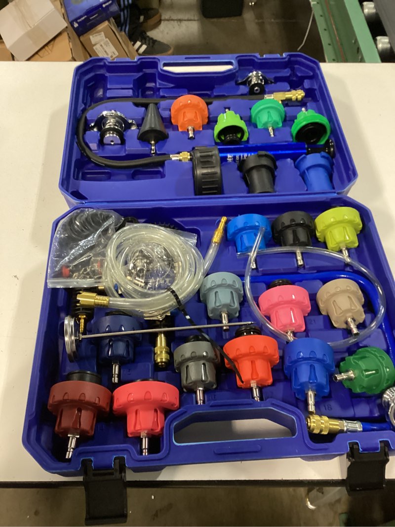 Condition photo showing Good Condition for orion motor tech coolant pressure tester kit, 33pc master coolant vacuum refill kit with 23 radiator adapters, radiator cooling system pressure tester kit with vacuum pump vacuum purge & refill tool blue