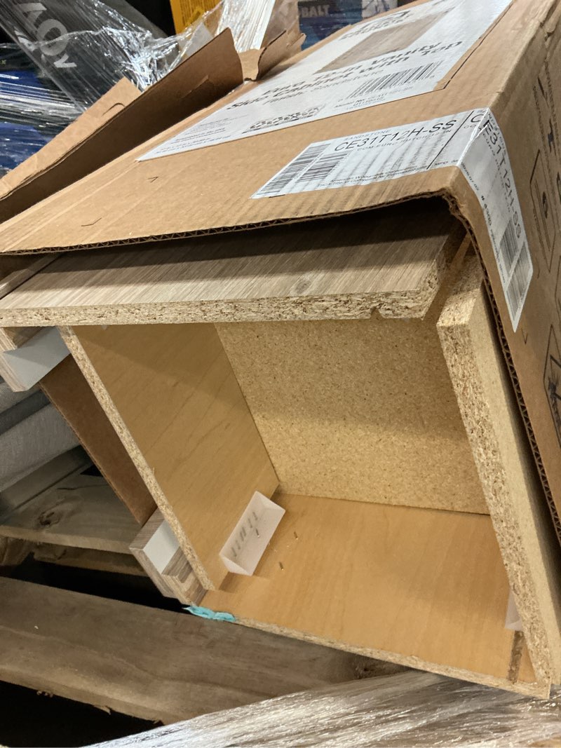 Condition photo showing As Is for project source euro 12-in sandstone bathroom vanity with white cultured marble top (fully assembled)