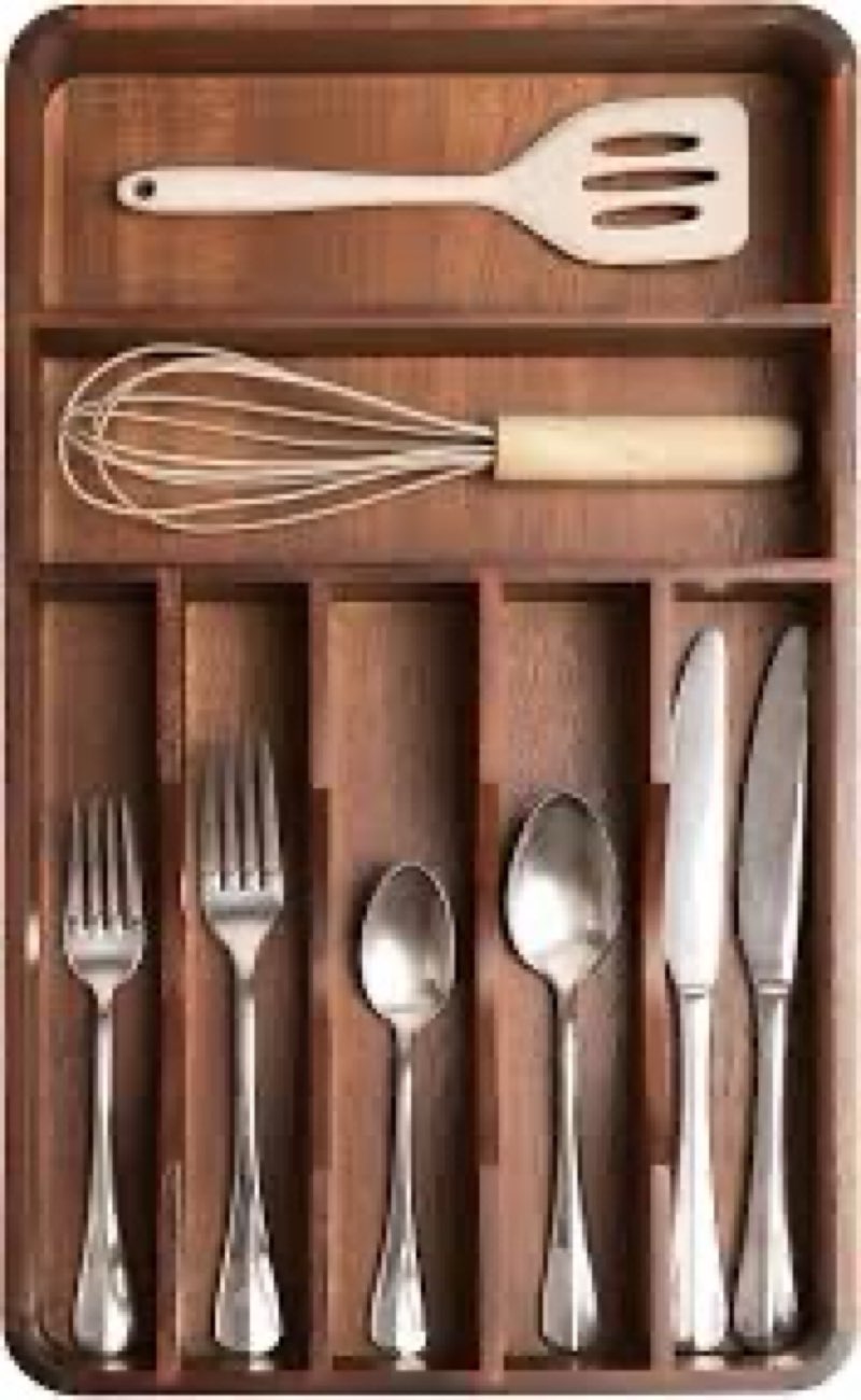 Silverware Organizer - Cutlery, Flatware, and Utensil Holder for Kitchen Drawers, Fixed 10.5” Width, 7 Storage Compartments, Non-Slip Feet, Rounded acacia Bamboo