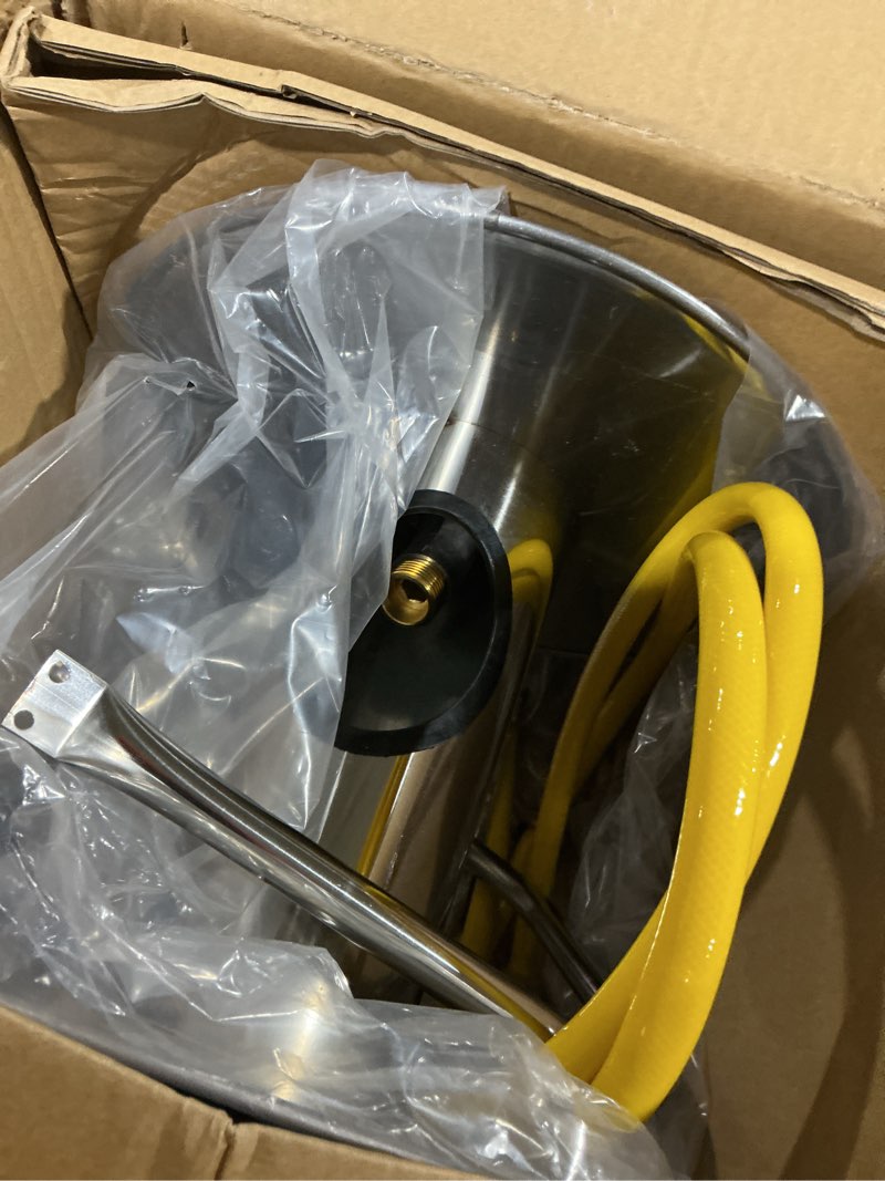 Condition photo showing Good Condition for stainless steel garden hose reel, wall mount or floor mounted with 3/4 inch brass fittings lead hose, 165 ft capacity with portable hose reels & crank handle