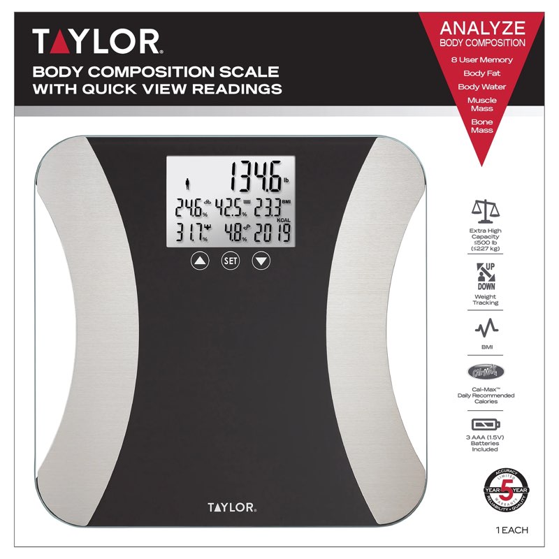 Taylor Glass LED Body Composition Scale with Quick View Readings, Black, 500lb capacity