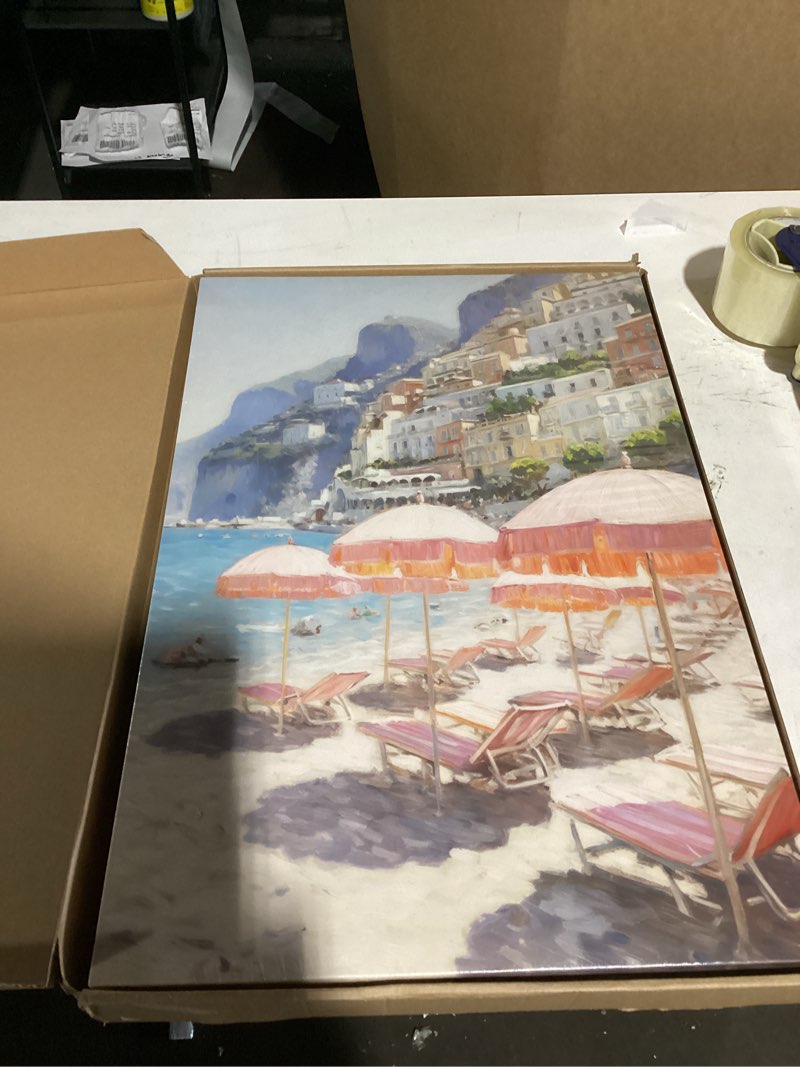 Condition photo showing As Is for Framed Amalfi Coast Beach Wall Art Italian Beach Landscape Posters Pink Pastel Aesthetic Preppy Beachy Painting Prints Fruit Champagne Canvas Art Decor for Bar Girls Bedroom Dorm Apartment 24'' x 16'' 24"L x 16"W Amalfi Beach Art
