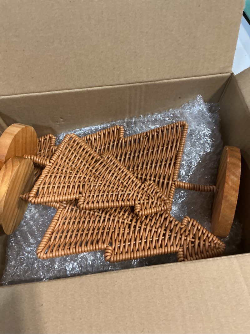 Condition photo showing Good Condition for Pinkunn 3 Pieces Rattan Christmas Tree Table Centerpiece Christmas Rattan Cone Trees Xmas Decorations for Indoor Outdoor Xmas Winter Holiday