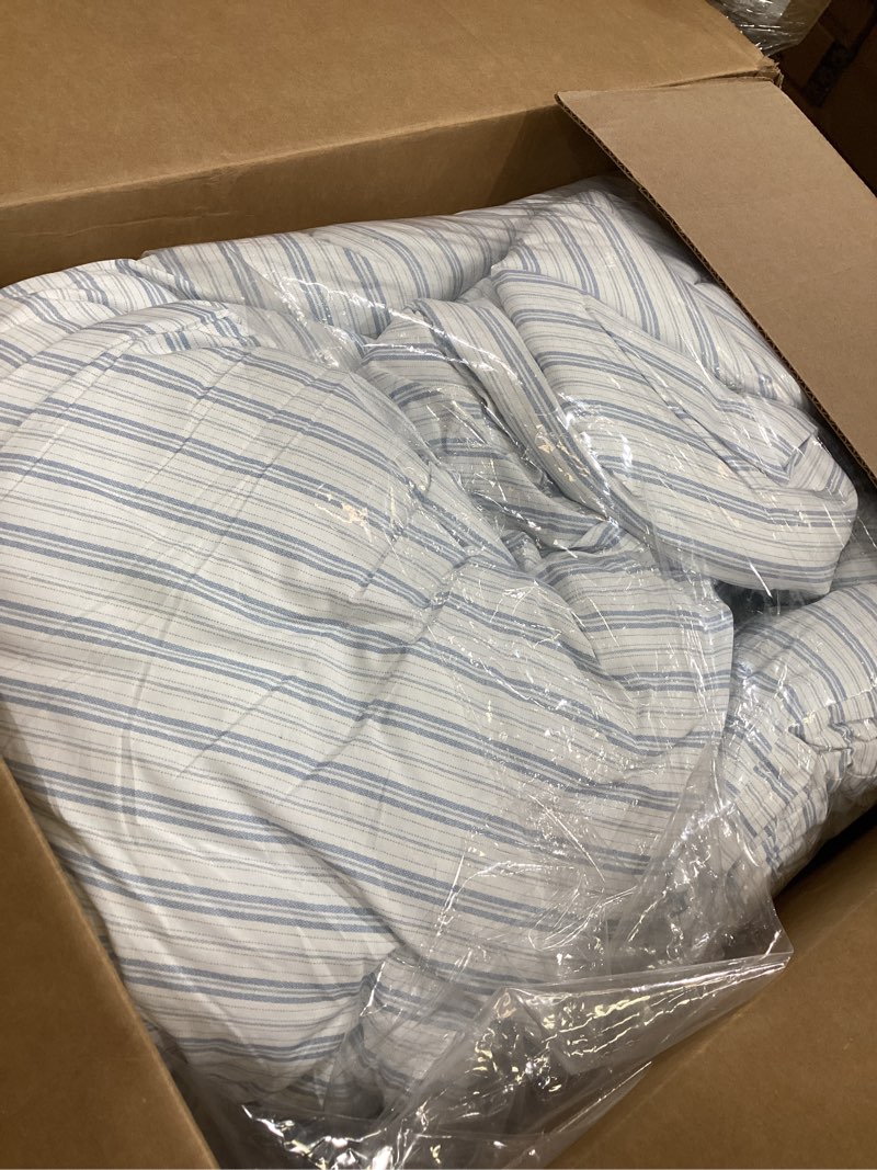 Condition photo showing Good Condition for laura ashley - queen comforter set, striped cotton bedding with a naturally soft feel, 3 piece bed set with matching pillowcases (dilly dally stripe blue) queen dilly dally stripe blue