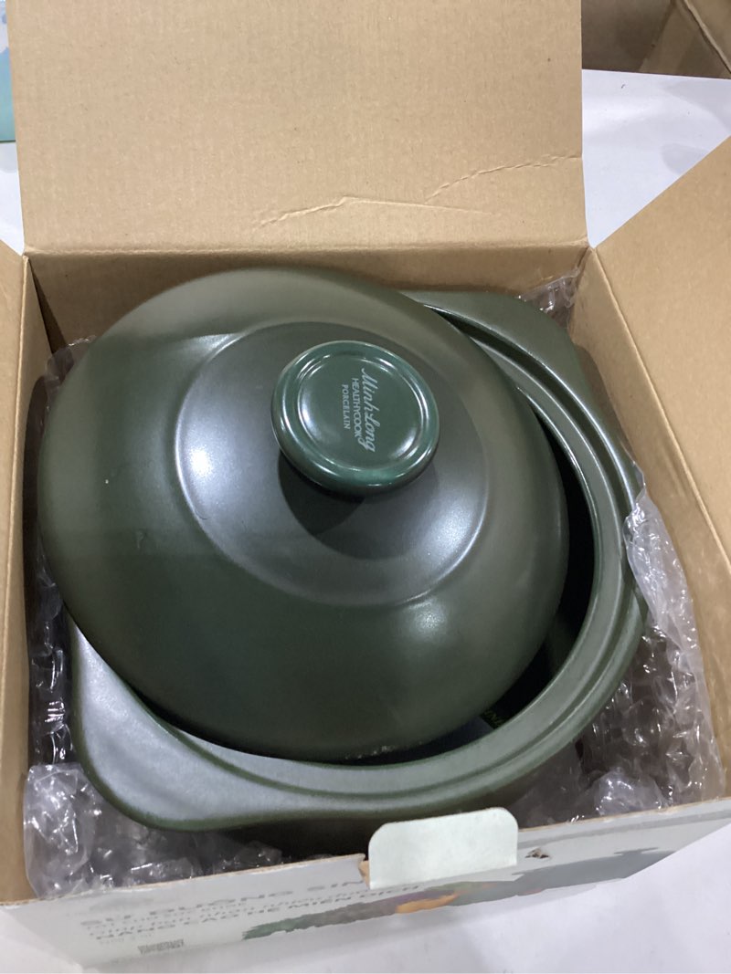 Condition photo showing New/Like New for minh long 3-qt porcelain dutch oven with lid – lead & cadmium free, oven safe to 482°f, heat retention, clay pot for cooking on gas & infrared cooktop, use to marinate, cook, bake, refrigerate & serve 3 quarts vesta - green