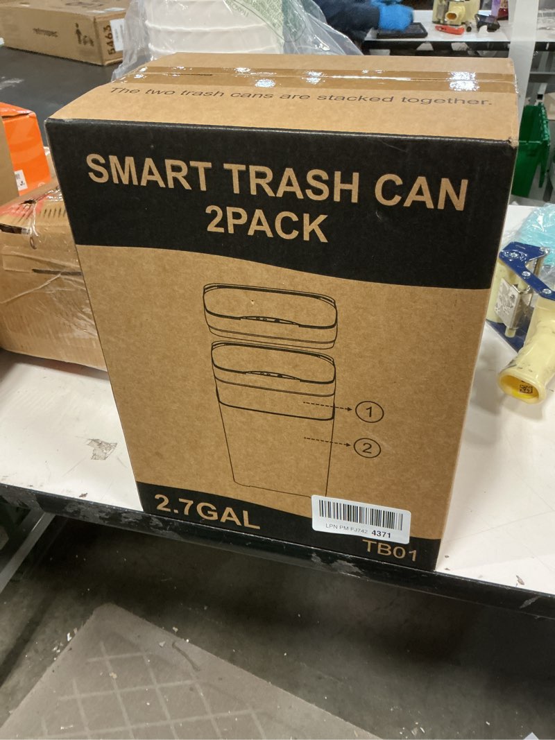 Condition photo showing New/Like New for 2 Pack 2.7 Gal Bathroom Trash Can with Lid, Automatic Trash Can Small Smart Garbage Can Touchless, Slim Motion Sensor Waterproof Plastic Trash Bins for Bedroom Office Kitchen Toilet White 2.7 Gal