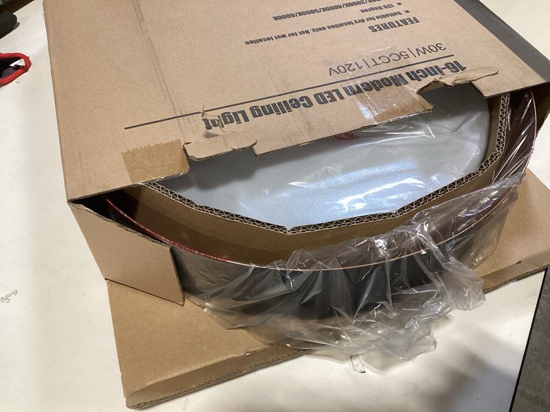 Condition photo showing Good Condition for brighthome 16in flush mount ceiling light, 3000lm 30w(300w equiv), led ceiling light fixture 5cct 2700k 3000k 4000k 5000k 6000k, dimmable ceiling lamp for bedroom bathroom hallway, black and wood 16inch-1pack wood accent(5cct)