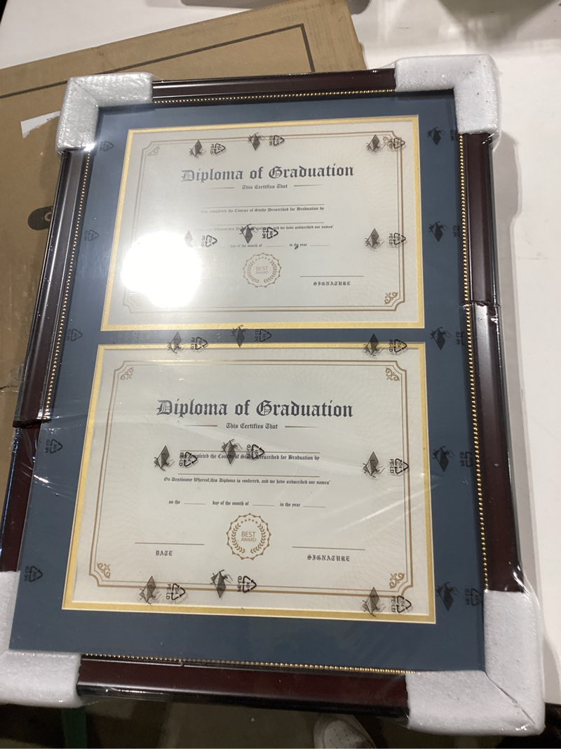 Condition photo showing As Is for graduationmall 14x20 double diploma frame, display 8.5x11 certificate with black over gold mat,tempered glass,black with silver beads black with silver beading double 8.5x11
