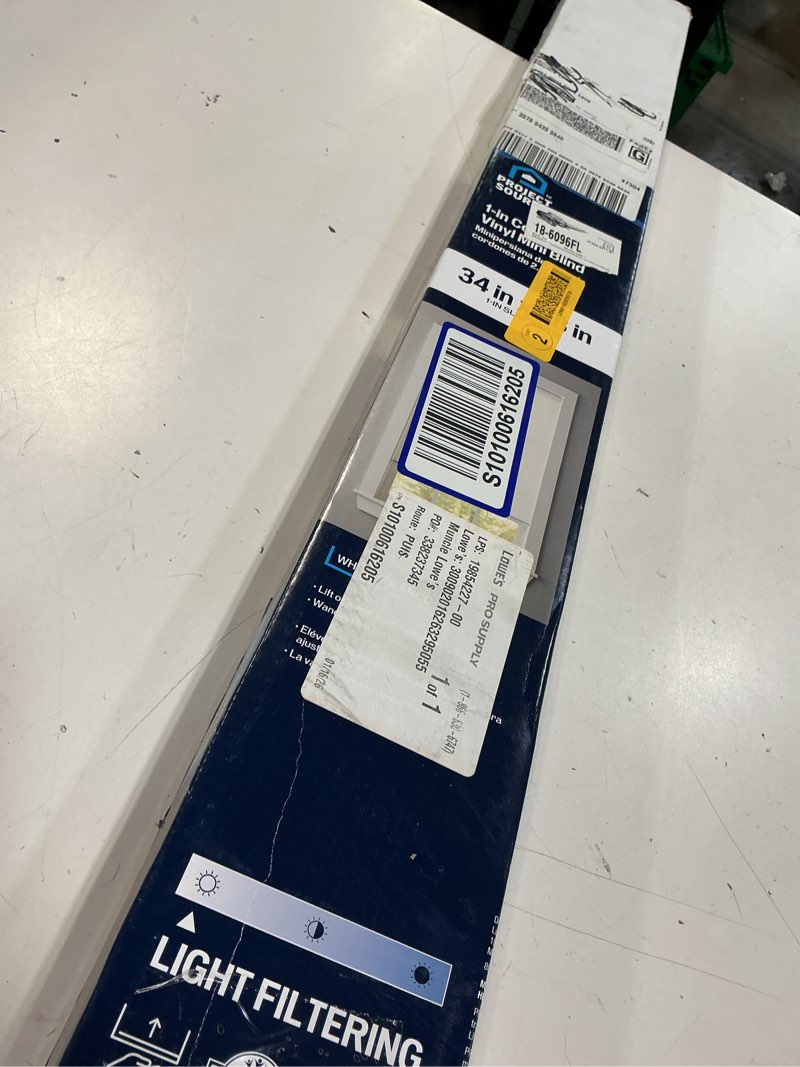Condition photo showing Good Condition for project source 1-in slat width 34-in x 48-in cordless white vinyl light filtering mini-blinds