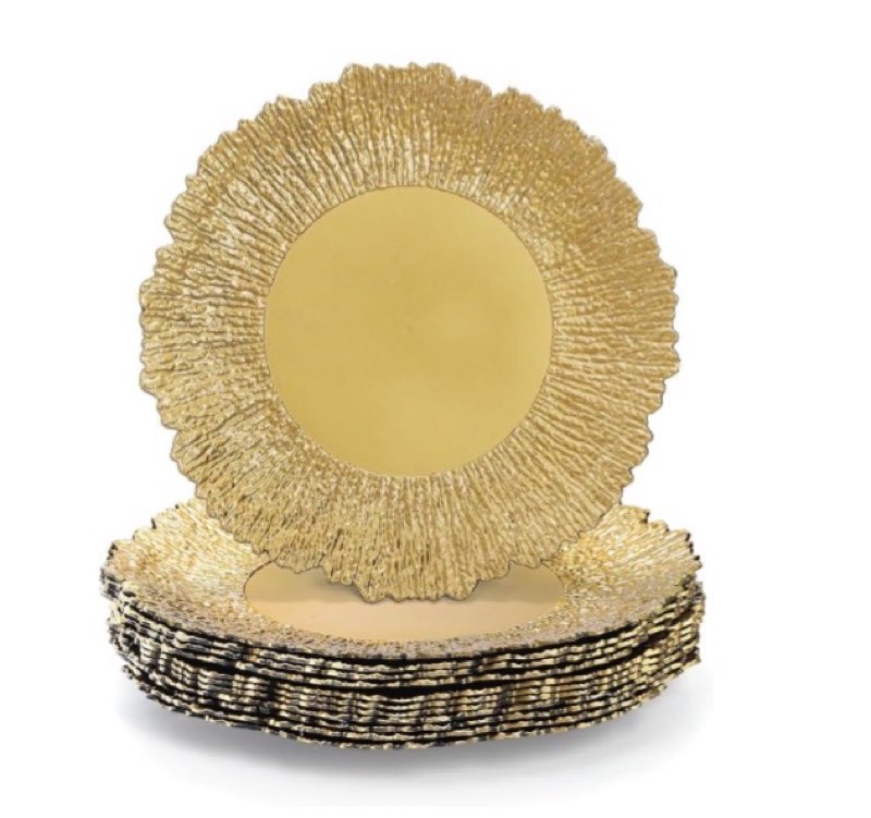 Coloch Set of 12 Plastic Charger Plates, 13" Reusable Reef Serving Chargers for Dinner Plate Round Shiny Decorative Charger Plate for Wedding, Catering, Parties, Christmas, Home Dinner Use (Gold)