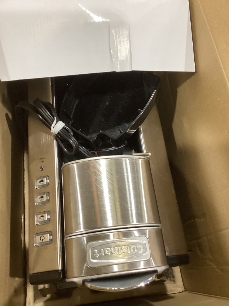 Condition photo showing As Is for cuisinart coffee maker, single serve 72-ounce reservoir pod coffee machine, programmable brewing & hot water dispenser, 3 cup-size settings, stainless steel, ss-10p1, silver
