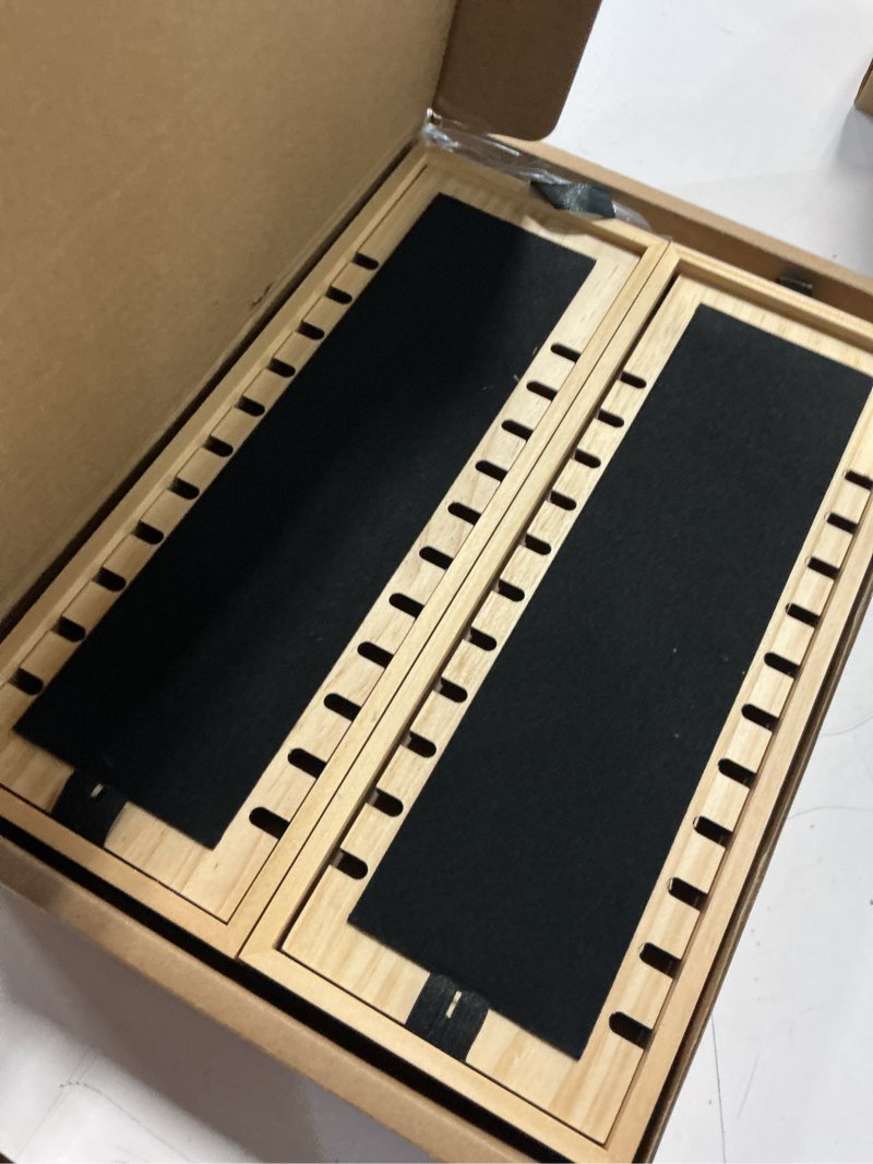Condition photo showing New/Like New for 3pcs necklace display stand set for vendors, jewelry stores & craft fairs, wooden frame necklace holder with black velvet surface, portable & stackable necklace organizer 3pack – black